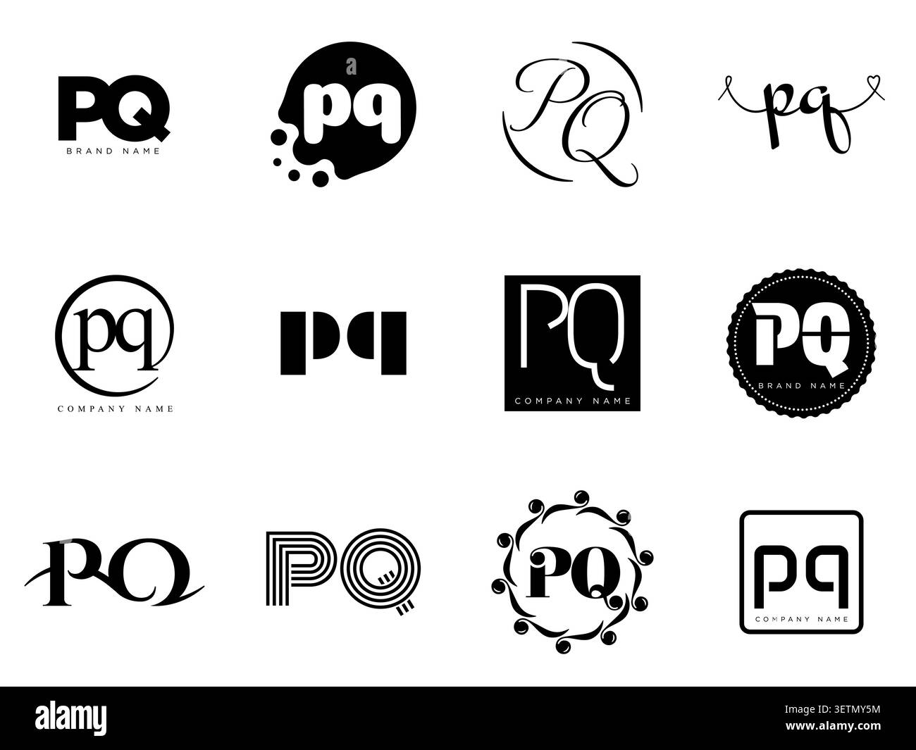 Modello aziendale del logo PQ. Logotipo lettera p e q. Imposta diverse lettere serif classiche e testo moderno in grassetto con elementi di design. Tipog font iniziale Illustrazione Vettoriale