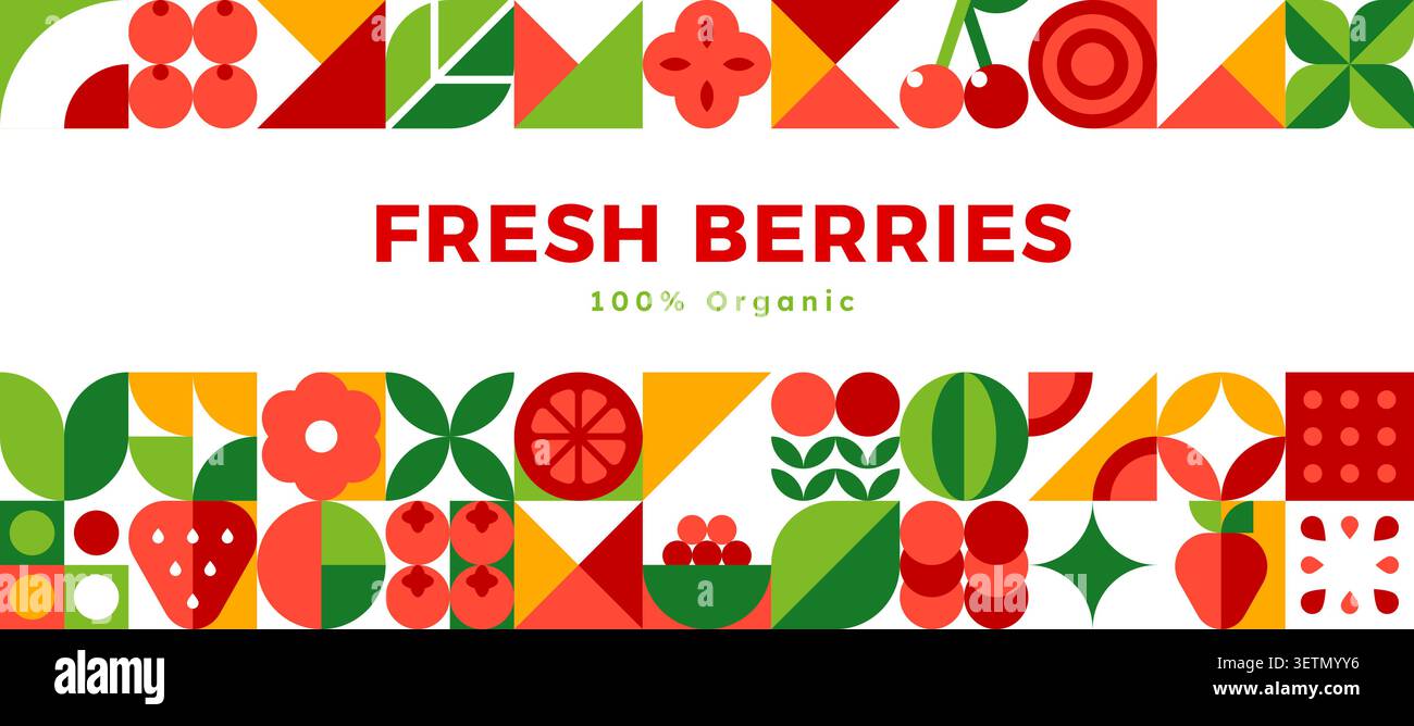 Striscione di frutti di bosco maturi con sfondo geometrico a mosaico di frutti di bosco. Frutti di bosco biologici motivo geometrico di fragola e ciliegia con anguria e mirtillo, arancia e ribes nero Illustrazione Vettoriale