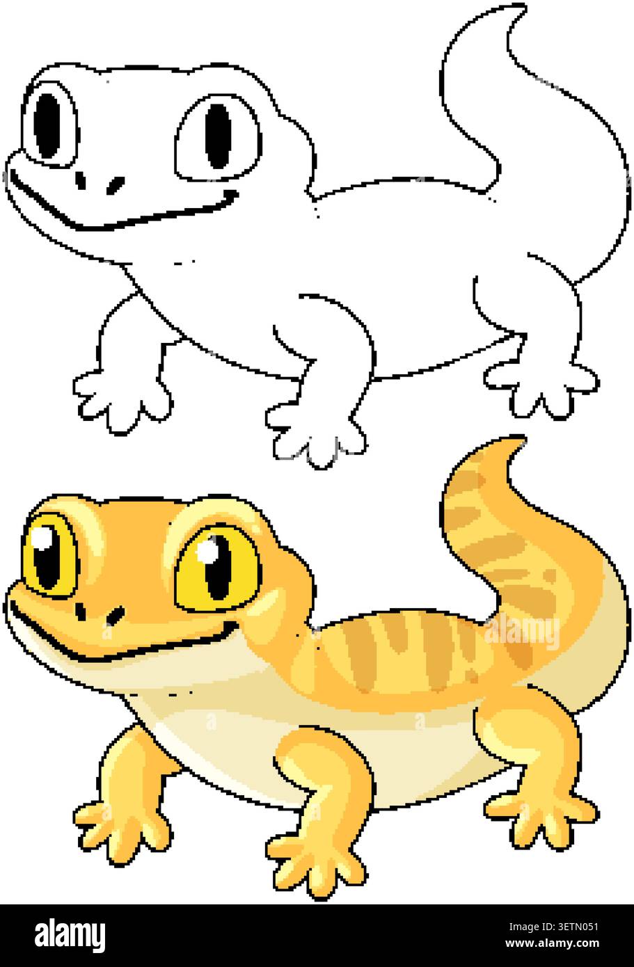 Un sorridente geco leopardato presentato sia nelle versioni a colori che in bianco e nero Illustrazione Vettoriale