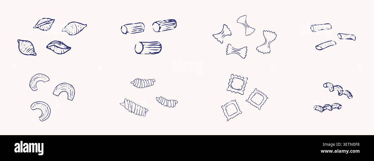 Pizza e pasta italiana disegnata a mano. Cucina mediterranea, tipi di pasta mediterranea in linea con doodle. Farfalle, fusilli, fettuccine, linguine. Illustrazione vettoriale Illustrazione Vettoriale