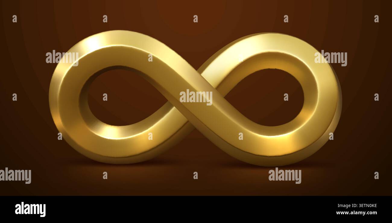 metallo dorato 3d, simbolo infinito di anelli infiniti in oro, 8 o striscia mobius con luce gialla brillante ed effetti d'ombra. Forma geometrica 3d realistica di infinito, simbolo senza fine e senza limiti Illustrazione Vettoriale