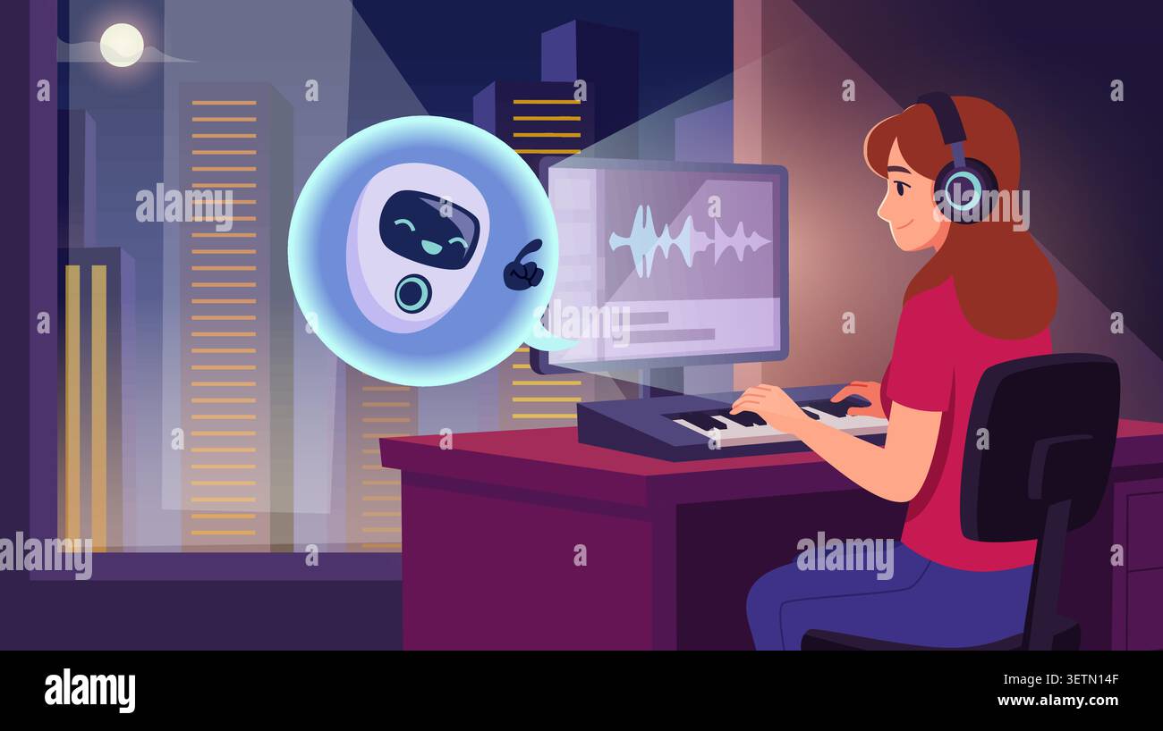 AI Chatbot. Sfondo vettoriale con simpatici assistenti robotici che aiutano gli utenti attraverso conversazioni app e servizi intelligenti illustrazione esatta Illustrazione Vettoriale