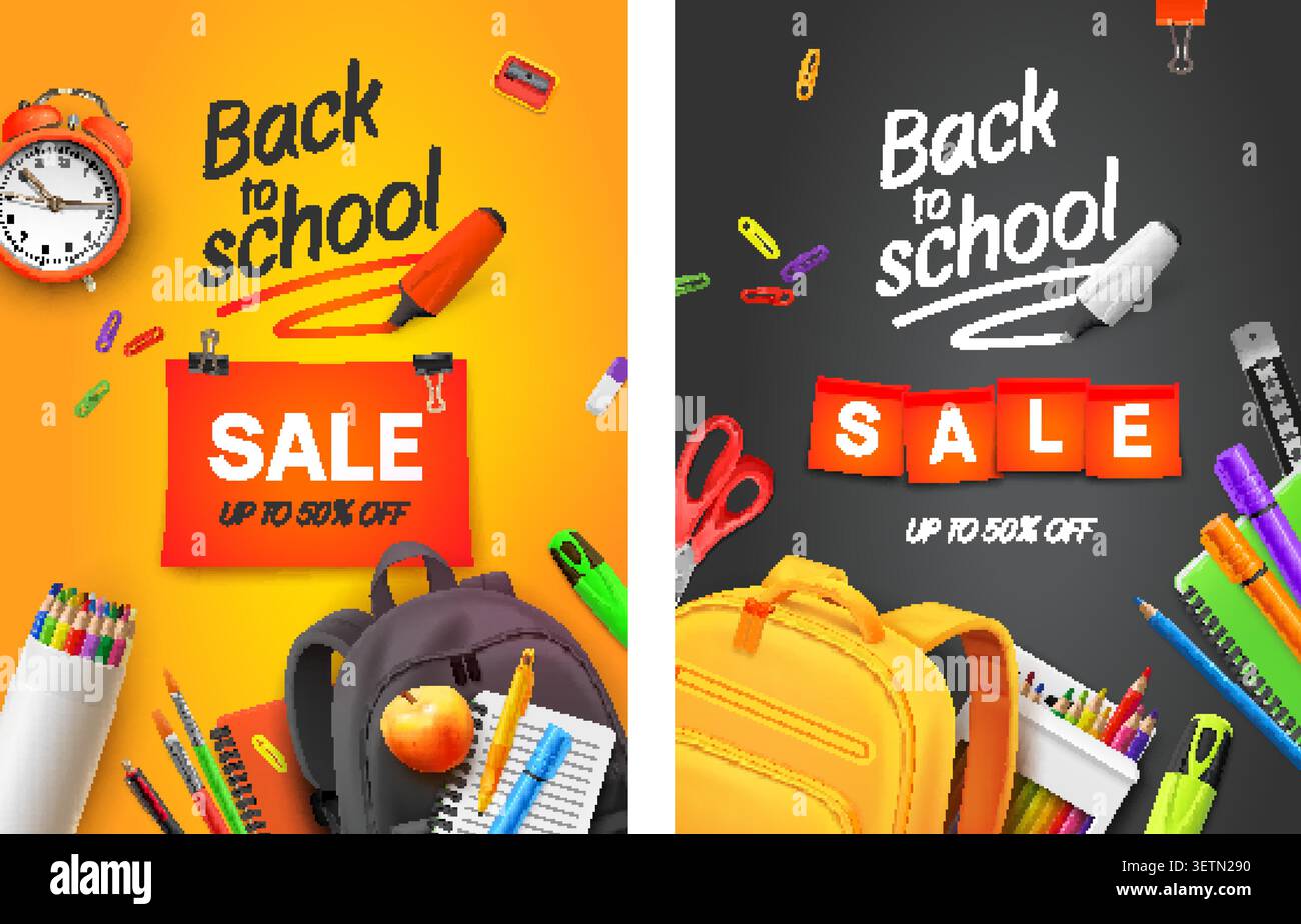 Volantino realistico per la scuola. Poster di vendita studio, brochure didattica per bambini offerta scontata materiale di cancelleria pubblicitario set di design 3d illustrazione vettoriale sgargiante grafica originale Illustrazione Vettoriale