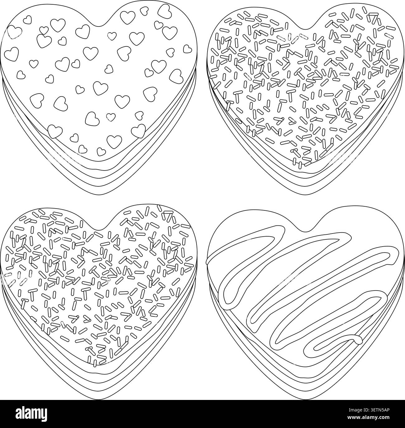 Ciambelle a forma di cuore. Vari tipi di ciambelle dolci con glassa sprinkles e cioccolato. Pagina di colorazione vettoriale in bianco e nero Illustrazione Vettoriale