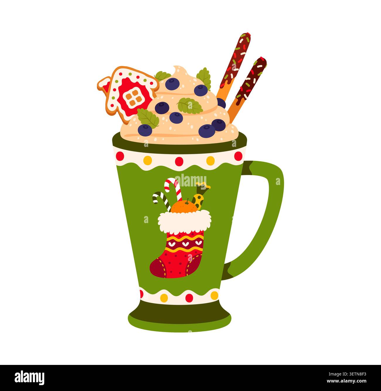 Tazza verde natalizia, dolce natalizio accogliente e di stagione per festeggiare con eggnog, cremosa con condimento, mirtillo fresco, biscotti casalinghi di pan di zenzero, bastoncini di biscotti ricoperti di cioccolato Illustrazione Vettoriale