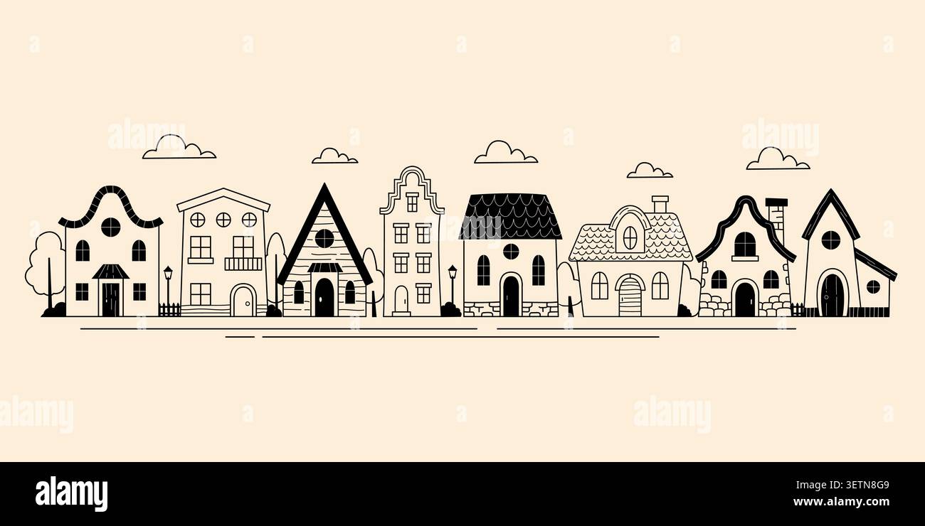 Skyline della casa. L'illustrazione vettoriale mostra una fila di accoglienti case disegnate a mano con semplici dettagli architettonici ed elementi stradali Illustrazione Vettoriale
