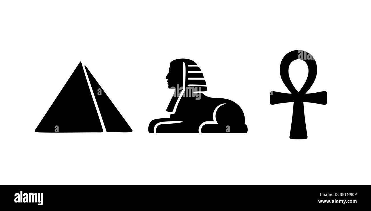 Silhouette nera Vector Set di Sfinge piramide egiziana e Ankh Illustrazione Vettoriale