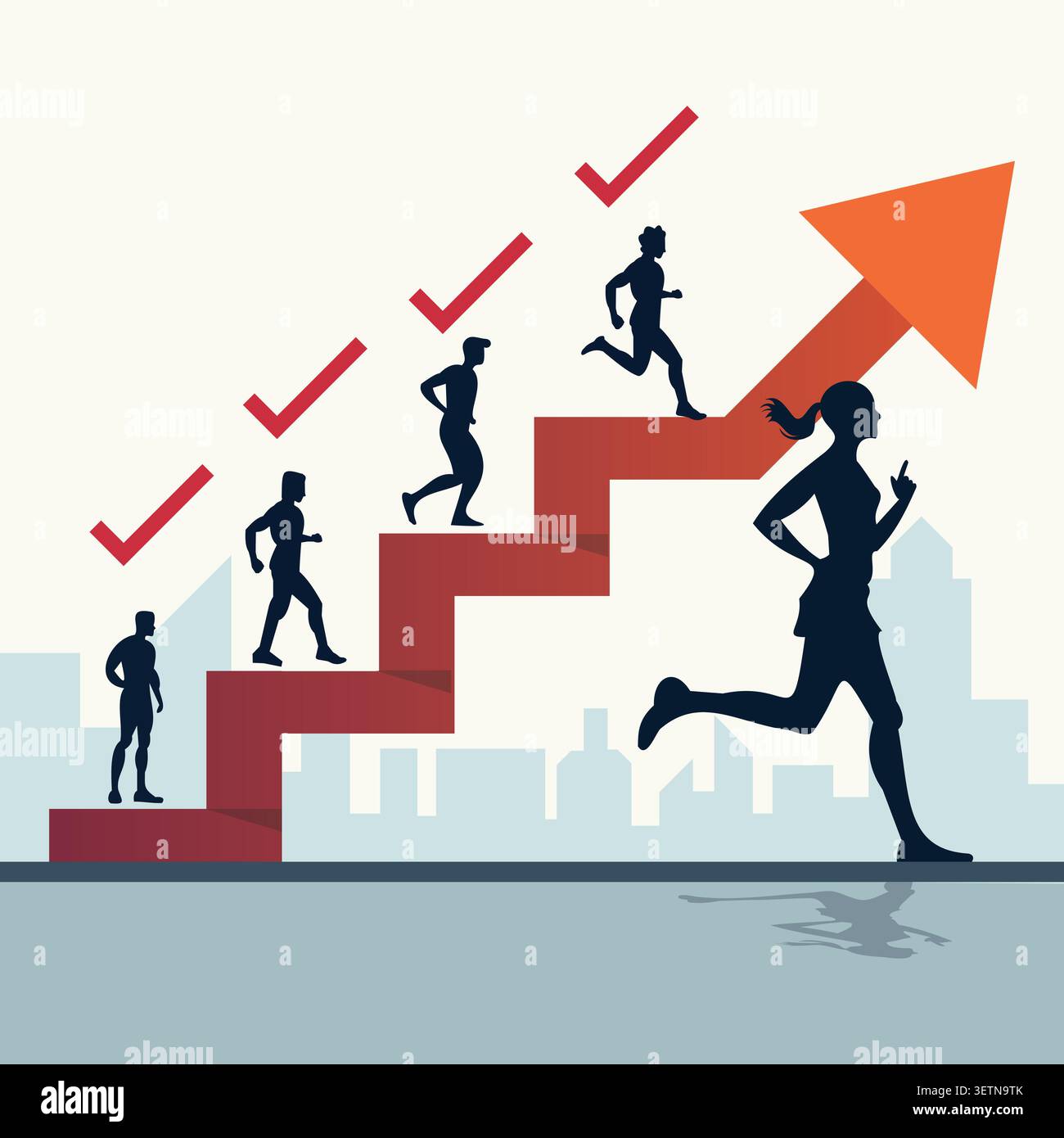 Illustrazione vettoriale piatta che mostra la progressione della carriera e i risultati professionali attraverso fasi di crescita, traguardi di successo e avanzamento. Illustrazione Vettoriale