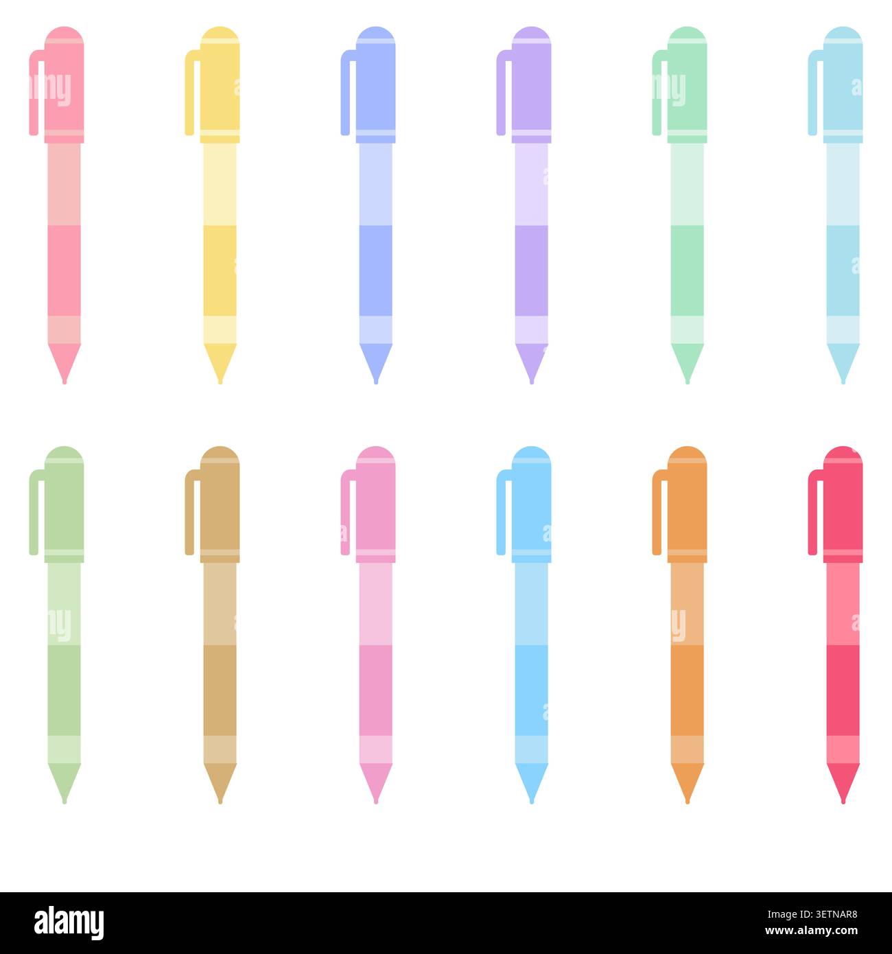 Graziose icone a penna pastello con design piatto. Strumenti di scrittura colorati per collezioni di cancelleria, grafica didattica, forniture per ufficio, classe Illustrazione Vettoriale