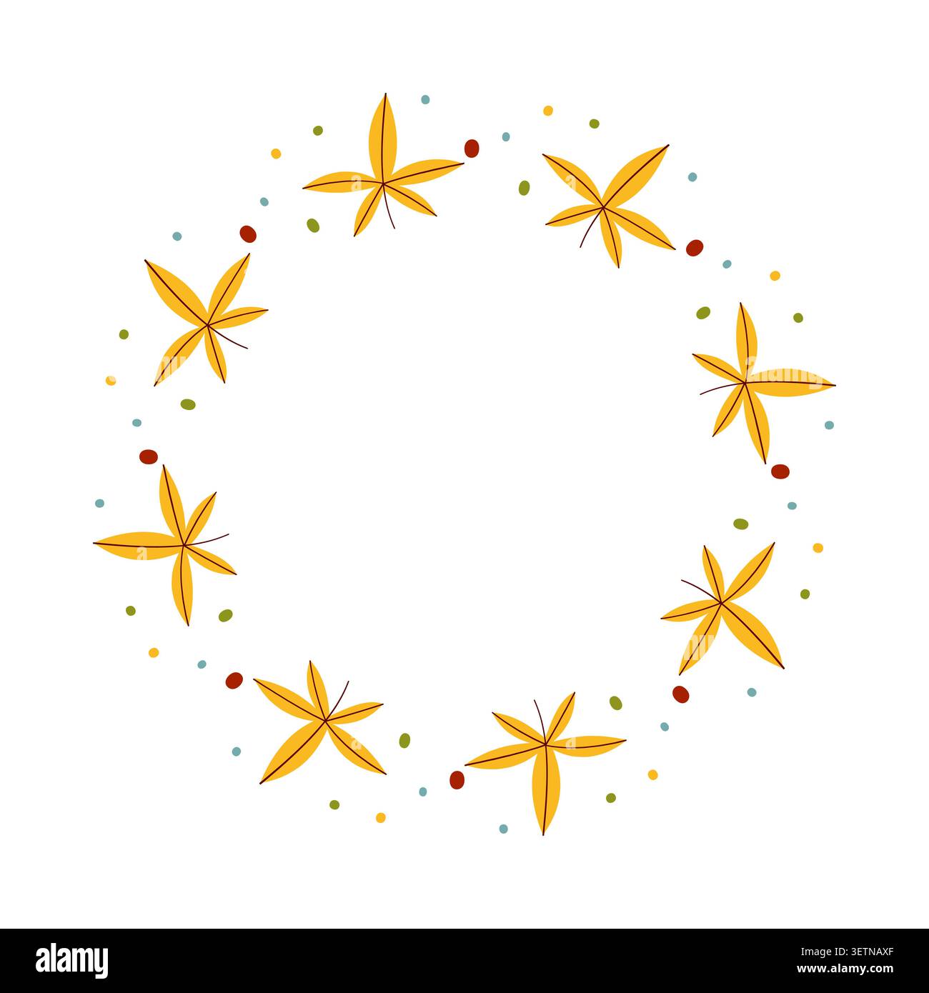 Corona autunnale con foglie gialle, fogliame autunnale disegnato a mano, immagine vettoriale con telaio rotondo per biglietti d'auguri, invito e logo Illustrazione Vettoriale