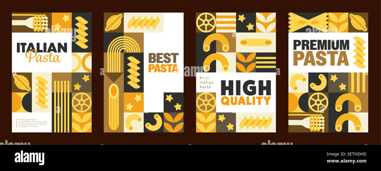 Poster per pasta e spaghetti italiani con un moderno motivo geometrico per lo sfondo alimentare. Pasta di cucina italiana con spaghetti geometrici e penne, farfalle o fusilli e fettuccine spaghetti sulla forchetta Illustrazione Vettoriale