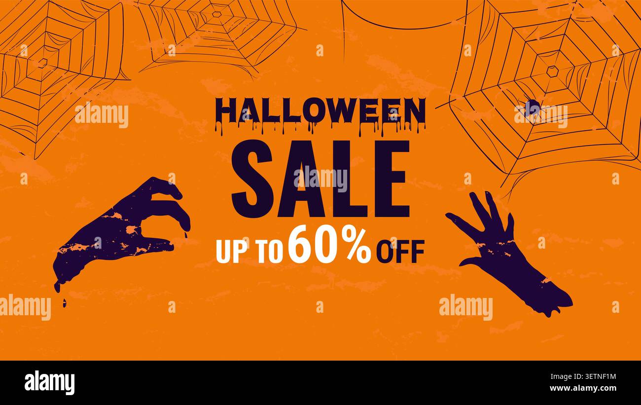 Banner con silhouette di vendita Dark Halloween per annunci, web design e marketing. Ideale per spaventose promozioni autunnali e campagne retail. Illustrazione vettoriale Premium Illustrazione Vettoriale