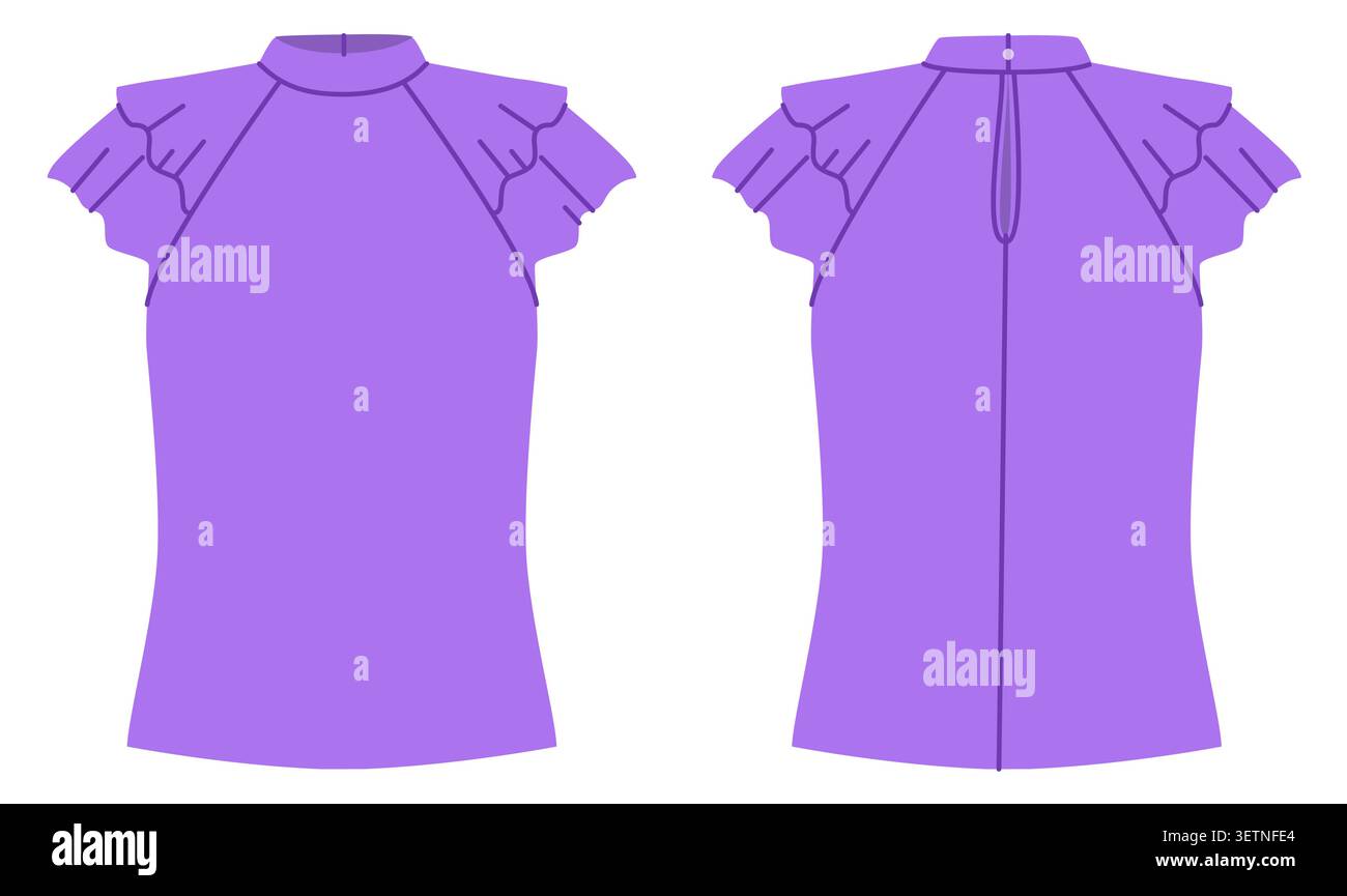 Blusa viola a collo alto con maniche con volant, silhouette aderente e linee pulite per un look elegante. Illustrazione tecnica di moda in tinta piatta, vista anteriore e posteriore, design di abbigliamento Vector Illustrazione Vettoriale