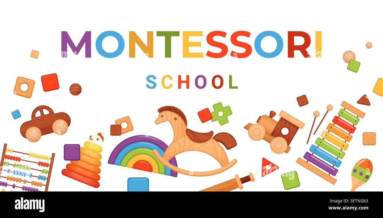 Colorato concetto scolastico Montessori con giocattoli educativi, arcobaleno, abaco, xilofono, cavallo a dondolo e blocchi per l'apprendimento della prima infanzia isolati su sfondo bianco illustrazione vettoriale Illustrazione Vettoriale