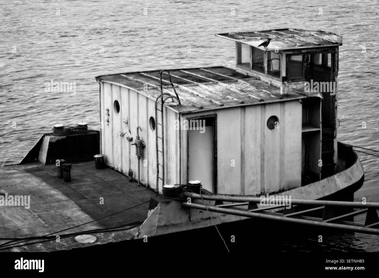 Budapest, Ungheria - 12 giugno 2026: Foto monocromatica di una vecchia cabina di barca in metallo bianco con un corvo sul suo tetto arrugginito sul Danubio a Kopaszi-Gat. Foto Stock