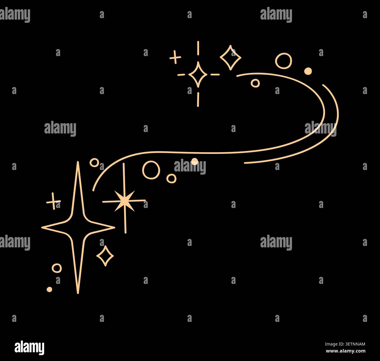 La stella dorata brilla e scintillanti esplosioni tracciano, lampeggiano e lampeggiano con scintillanti. Le stelle celesti brillano con forme scintillanti. Percorso magico per festeggiare, augurare luminosità e bagliore luminoso Illustrazione Vettoriale