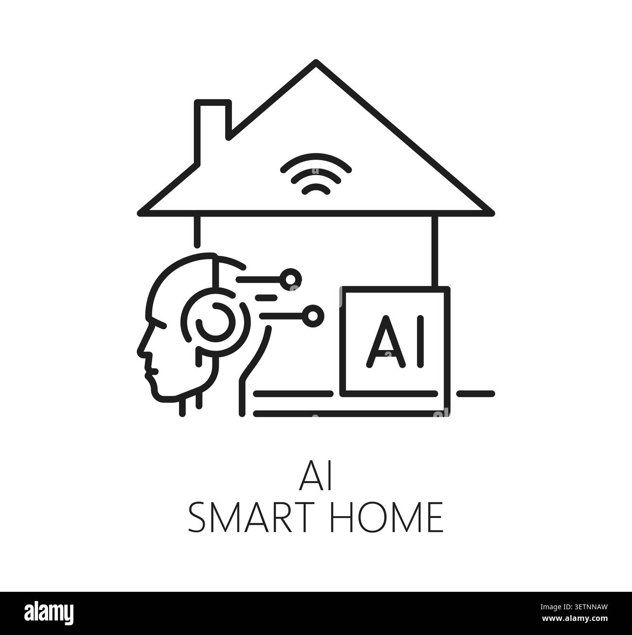 Intelligenza artificiale intelligenza artificiale icona della tecnologia per la casa intelligente. Segnale vettoriale della linea dell'agente della casa intelligente, simbolo della soluzione di intelligenza artificiale. Icona del software DI INTELLIGENZA ARTIFICIALE con sagoma da costruzione e testa robot umanoide Illustrazione Vettoriale