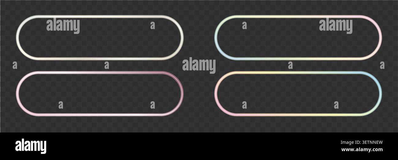 Scatola luminosa dei pulsanti al neon con toni blu e viola. Cornice leggera per invito all'azione, banner per siti Web, elementi dell'interfaccia delle app, interfaccia utente di gioco e futuristica Illustrazione Vettoriale