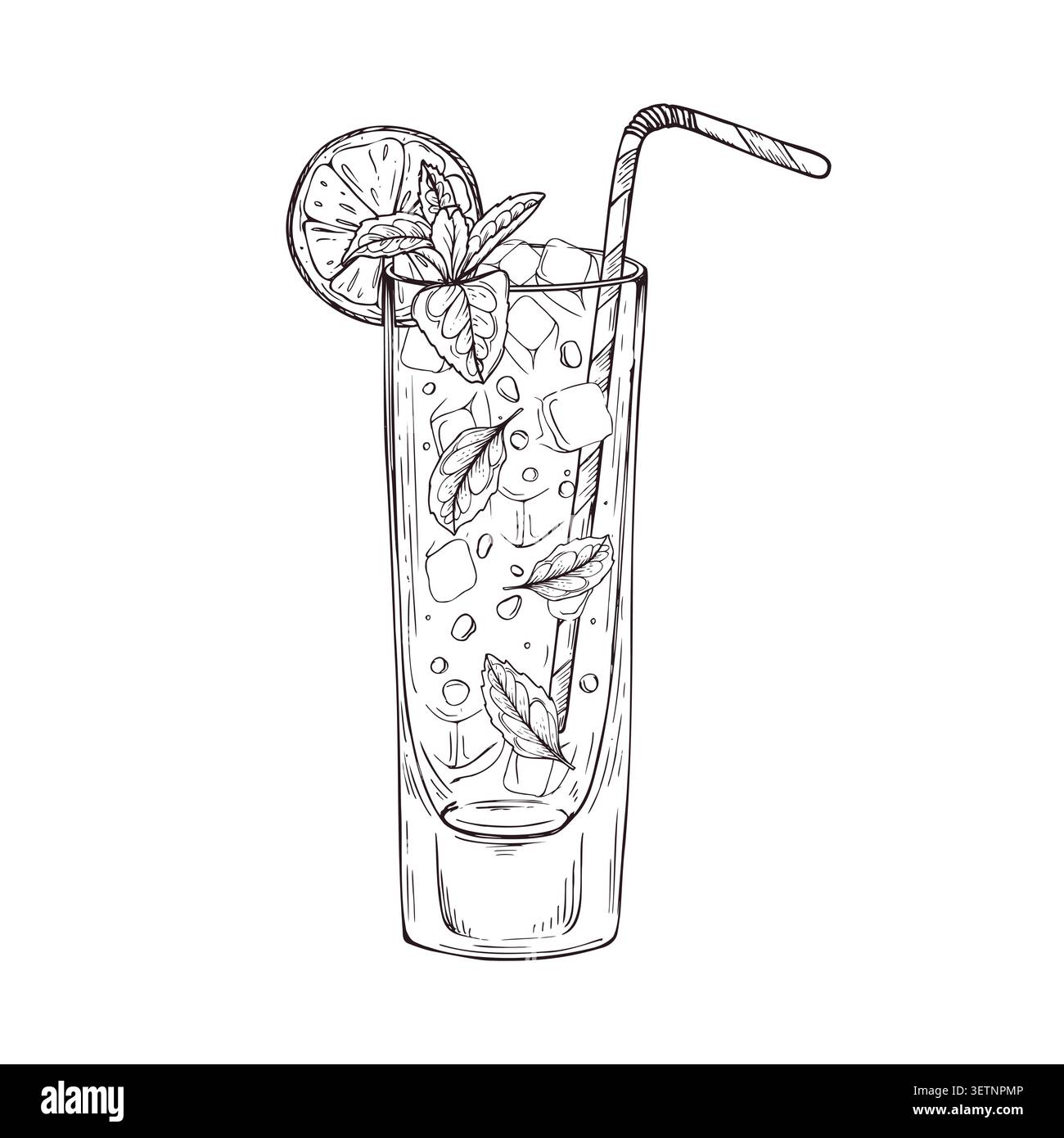 Cocktail Mojito in vetro con calce, menta e cubetti di ghiaccio, disegno lineare. Rinfrescante alcol estate bevanda disegnata a mano disegno disegno illustrazione. Grafica vettoriale Illustrazione Vettoriale
