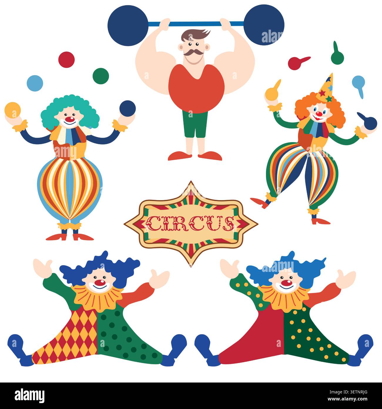 Set Circus chapito. Personaggi vettoriali di uomo forte, clown, giocoliere e mago. Elefante, leone, cavallo, zebra, foche e orso sul palco del circo Illustrazione Vettoriale