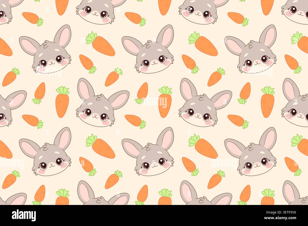 Motivo senza cuciture con coniglietto pasquale. Simpatico coniglio sorridente e carote su sfondo beige. Modello piatto disegnato a mano. Per decorazioni pasquali, abbigliamento per bambini, stampe di tessuti per neonati, carta da imballaggio. Illustrazione Vettoriale
