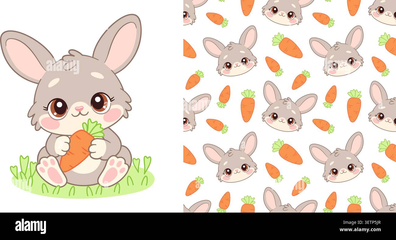 Simpatico coniglietto con carota e motivo senza cuciture su sfondo bianco. Set piatto disegnato a mano. Per decorazioni pasquali, carta da parati per bambini, abbigliamento per bambini, stampe in tessuto per neonati, adesivi. Illustrazione Vettoriale
