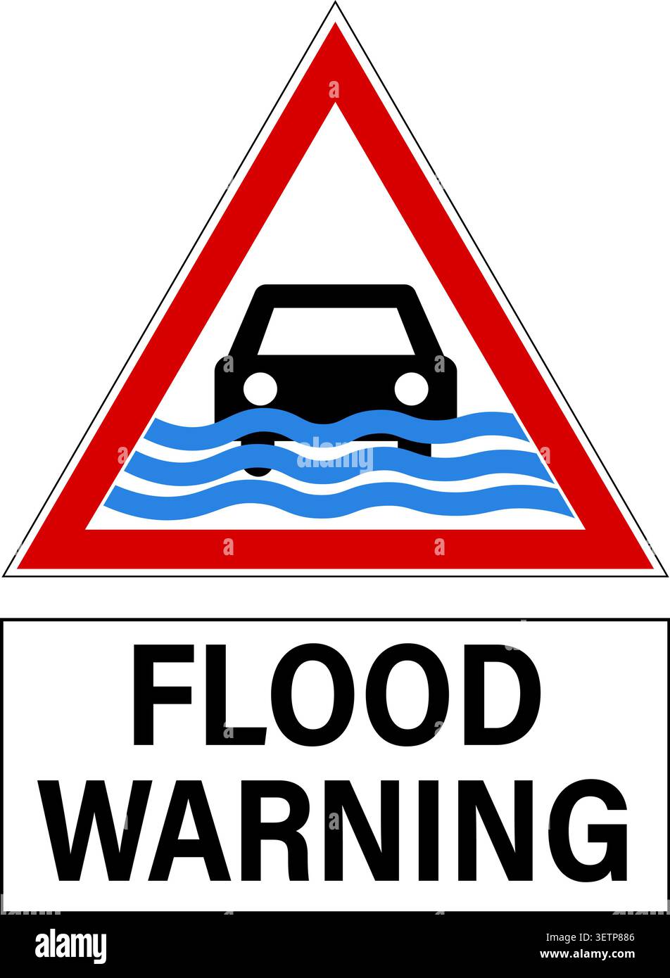 Avvertenza alluvione. Segnale stradale triangolare con pittogramma di un'auto in acque alluvionali. Testo di seguito. Illustrazione Vettoriale