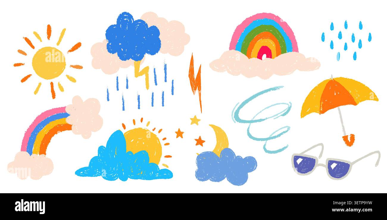 Icone meteo pastello colorate impostate su sfondo bianco. Illustrazione di cartoni animati vettoriali di sole pugliarello disegnato a mano, nuvole, luna, stelle, pioggia, arcobaleno, fulmini e vortice del vento, disegni per bambini disegnati a mano Illustrazione Vettoriale