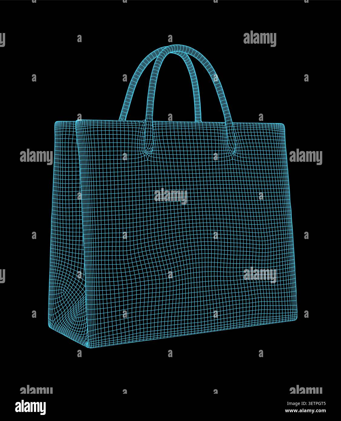Modello 3d a reticolo di una shopping bag con manici, illustrazione digitale di una borsa tote su sfondo scuro Illustrazione Vettoriale