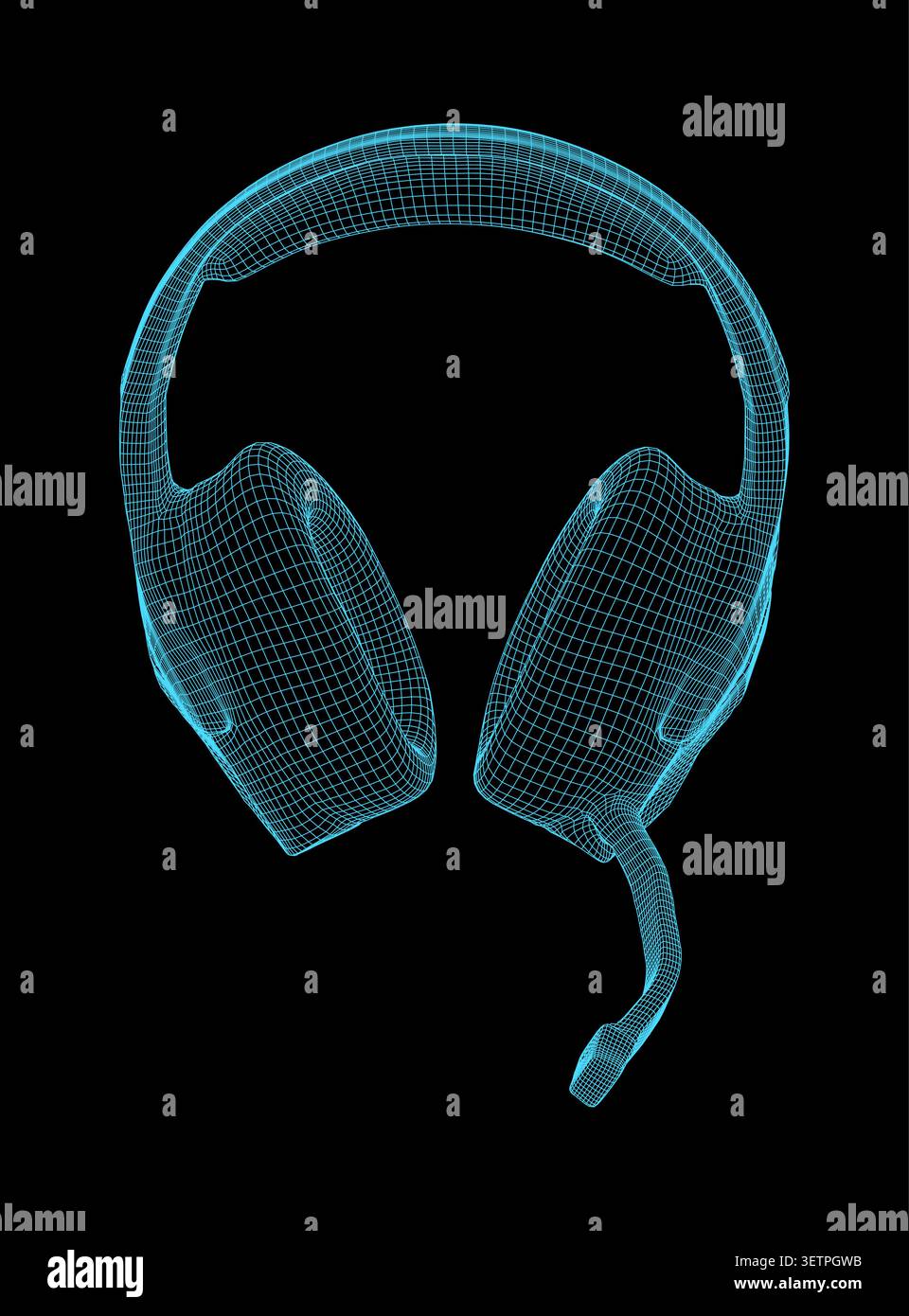 Modello 3d wireframe di cuffie per giochi con microfono, illustrazione digitale di apparecchiature audio su sfondo scuro Illustrazione Vettoriale