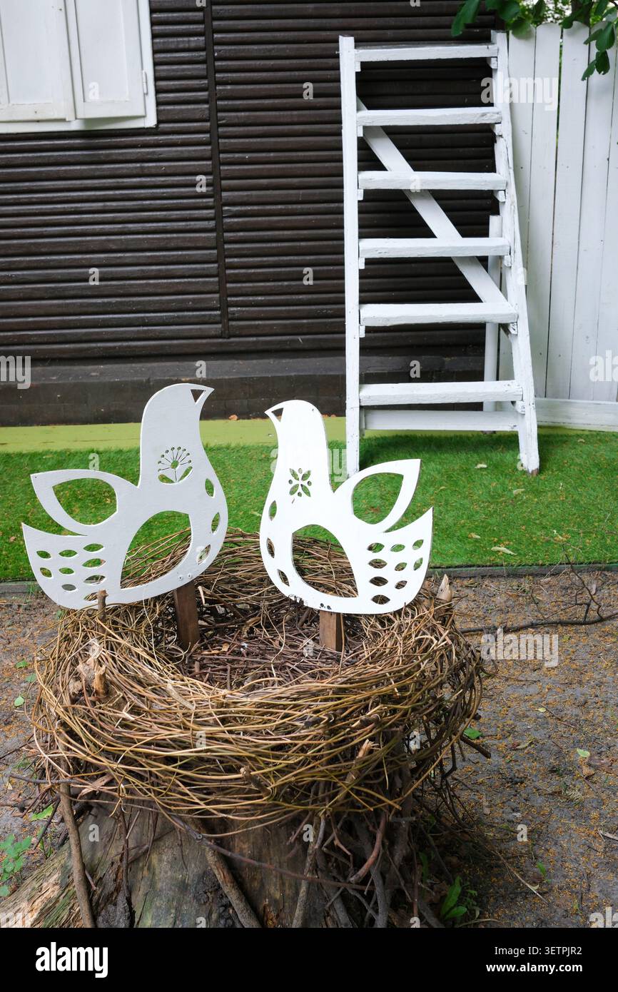 Due bizzarri uccelli stanno di guardia su un nido in un tranquillo giardino. Foto Stock