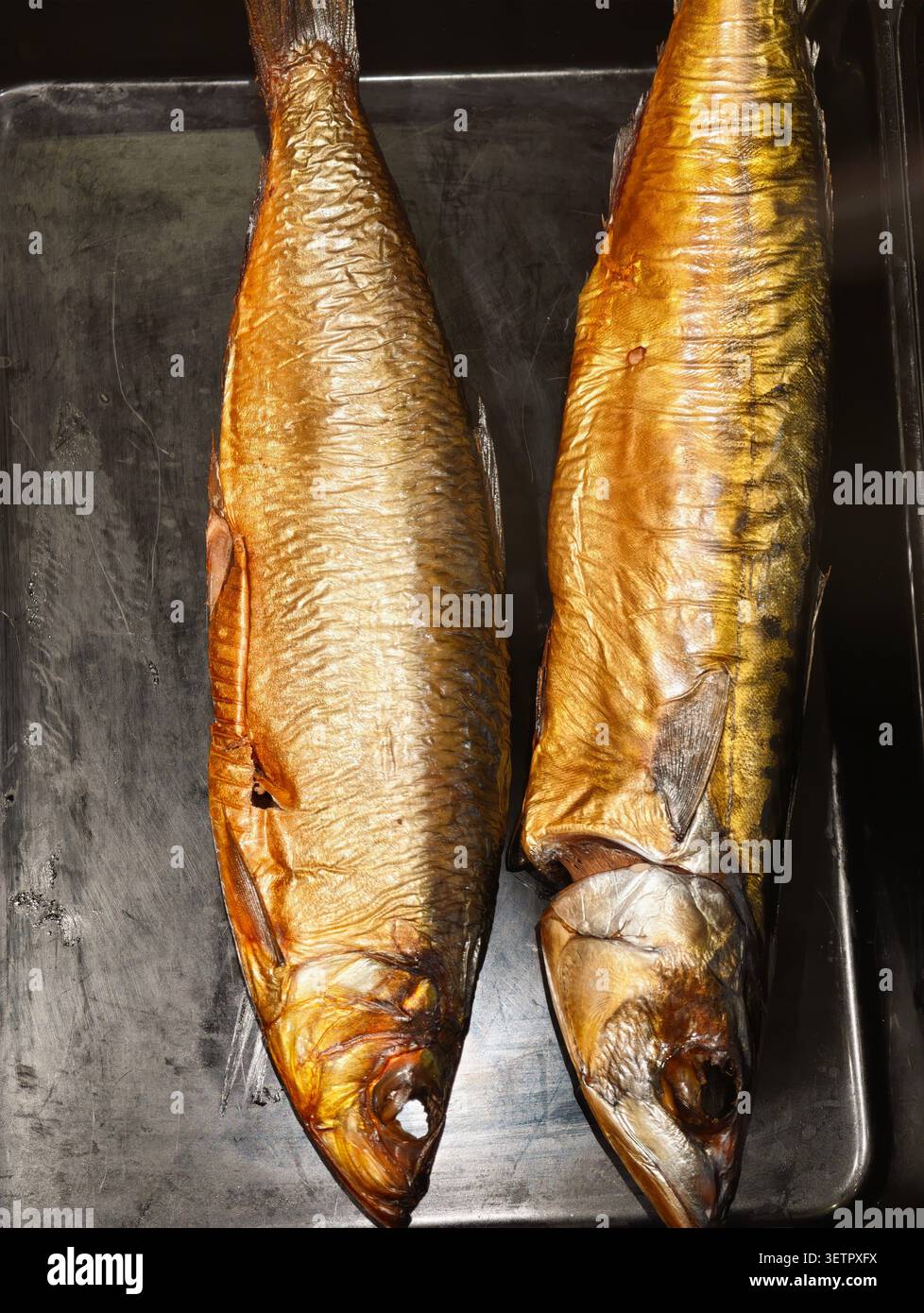 Coppia di pesci affumicati interi con una pelle dorata lucida, disposti fianco a fianco su un vassoio di metallo scuro, con scaglie ruvide, teste e code intatte, Foto Stock