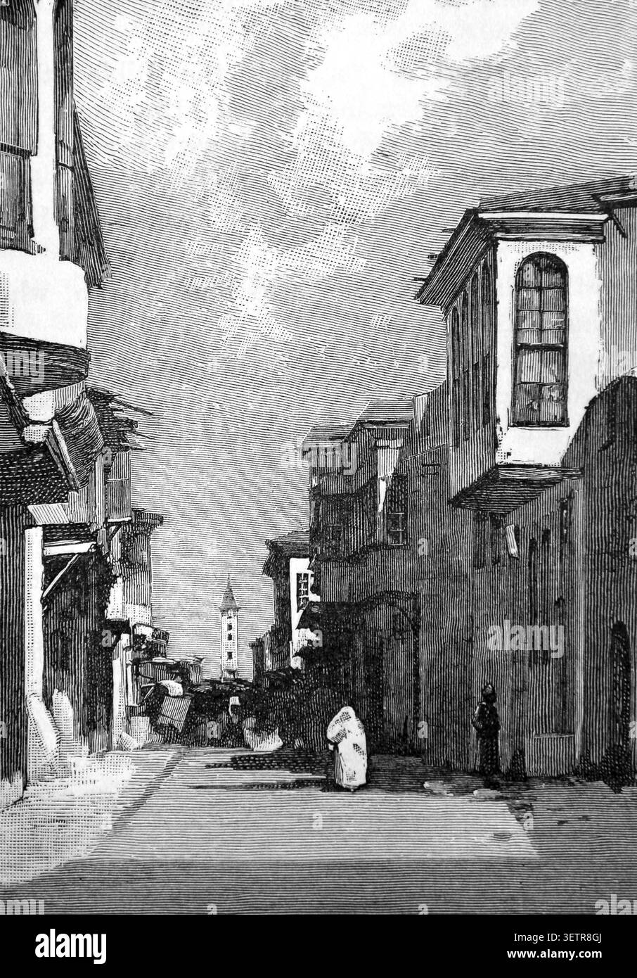 Incisione della Via dritta a Damasco dove San Paolo soggiornò in una delle case tratte da immagini antiche di libri su San Paolo disegnate in un Ho inglese Foto Stock
