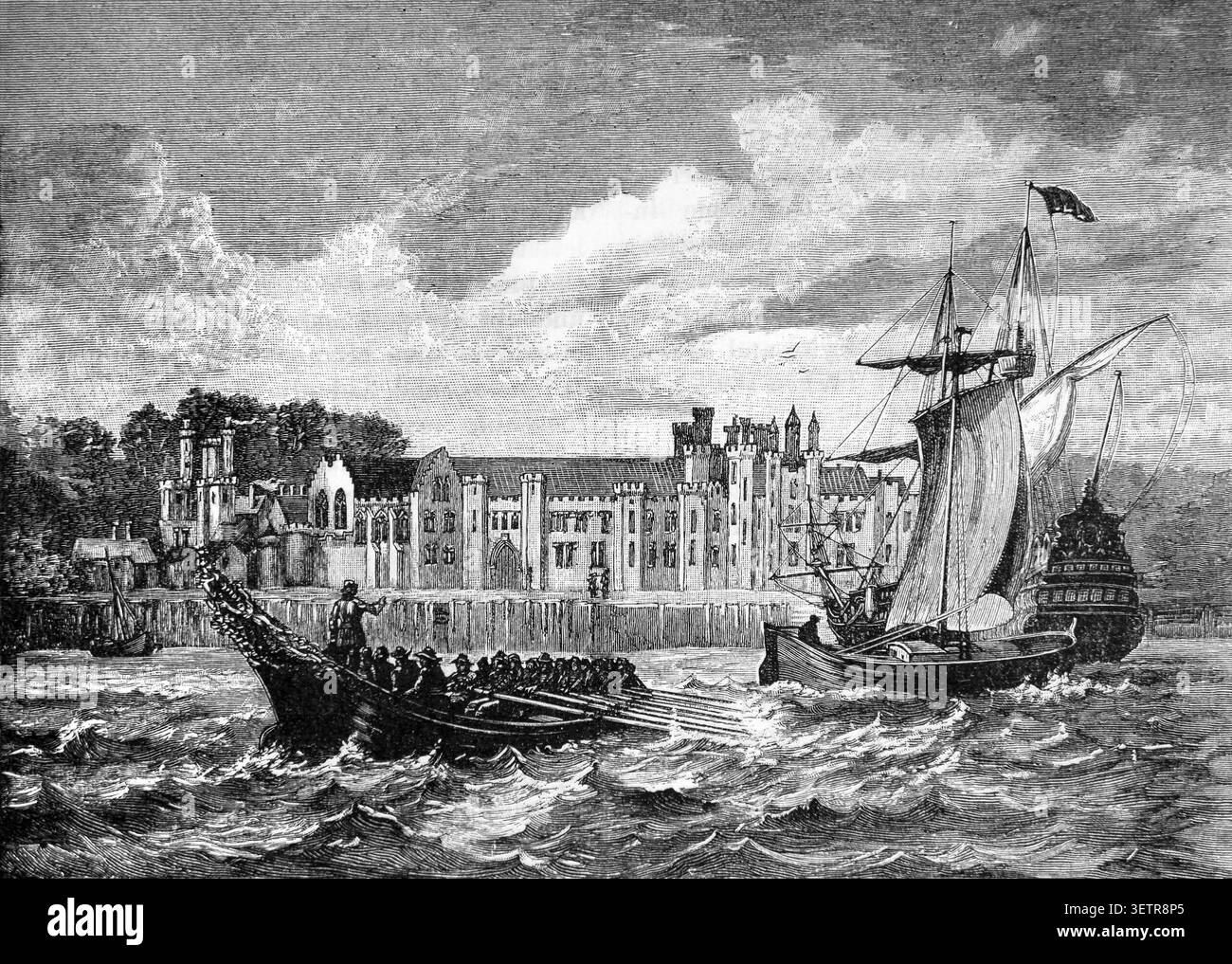Incisione del Greenwich Palace ai tempi del re Giacomo I tratta da un libro di storia del XIX secolo Cassell's History of England Edizione Speciale Volume II di A Foto Stock
