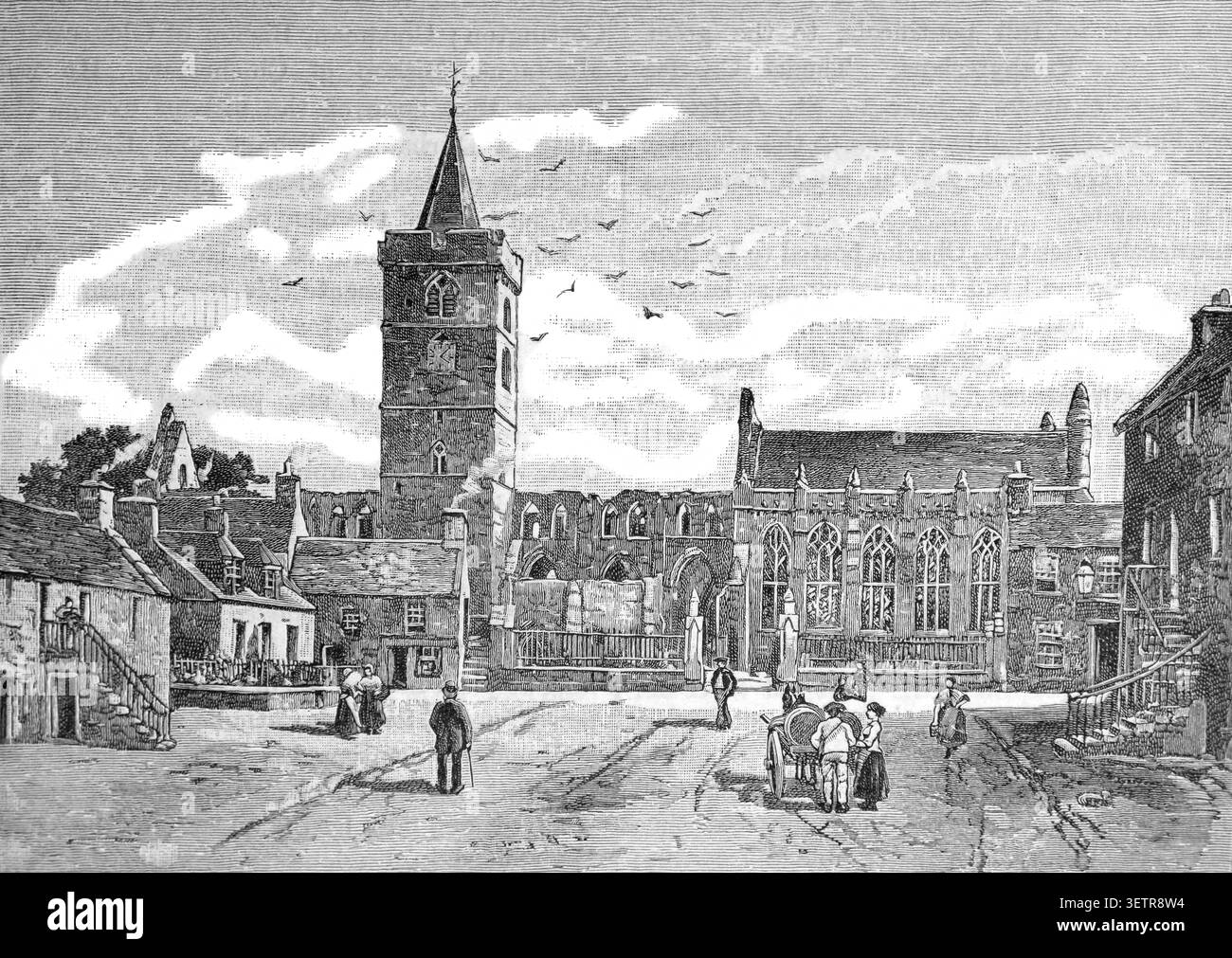 Incisione della Cattedrale di Dunblane con il tetto della navata crollato nel XVII secolo da un libro di storia del XIX secolo Cassell's History of England Speci Foto Stock