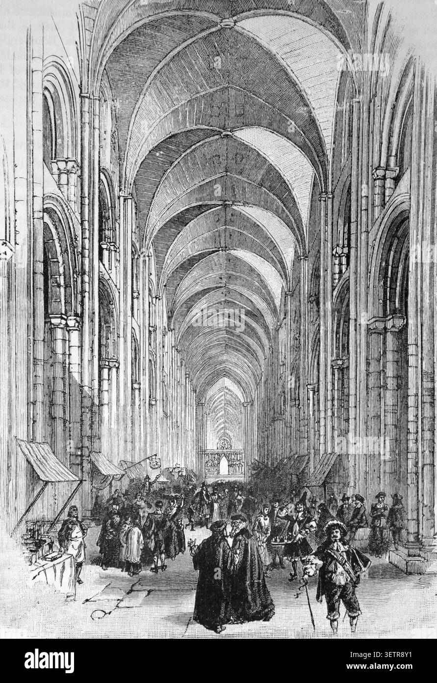 Incisione dell'interno della vecchia Cattedrale di San Paolo durante l'era carolina da un libro di storia del XIX secolo Cassell's History of England Special Edi Foto Stock