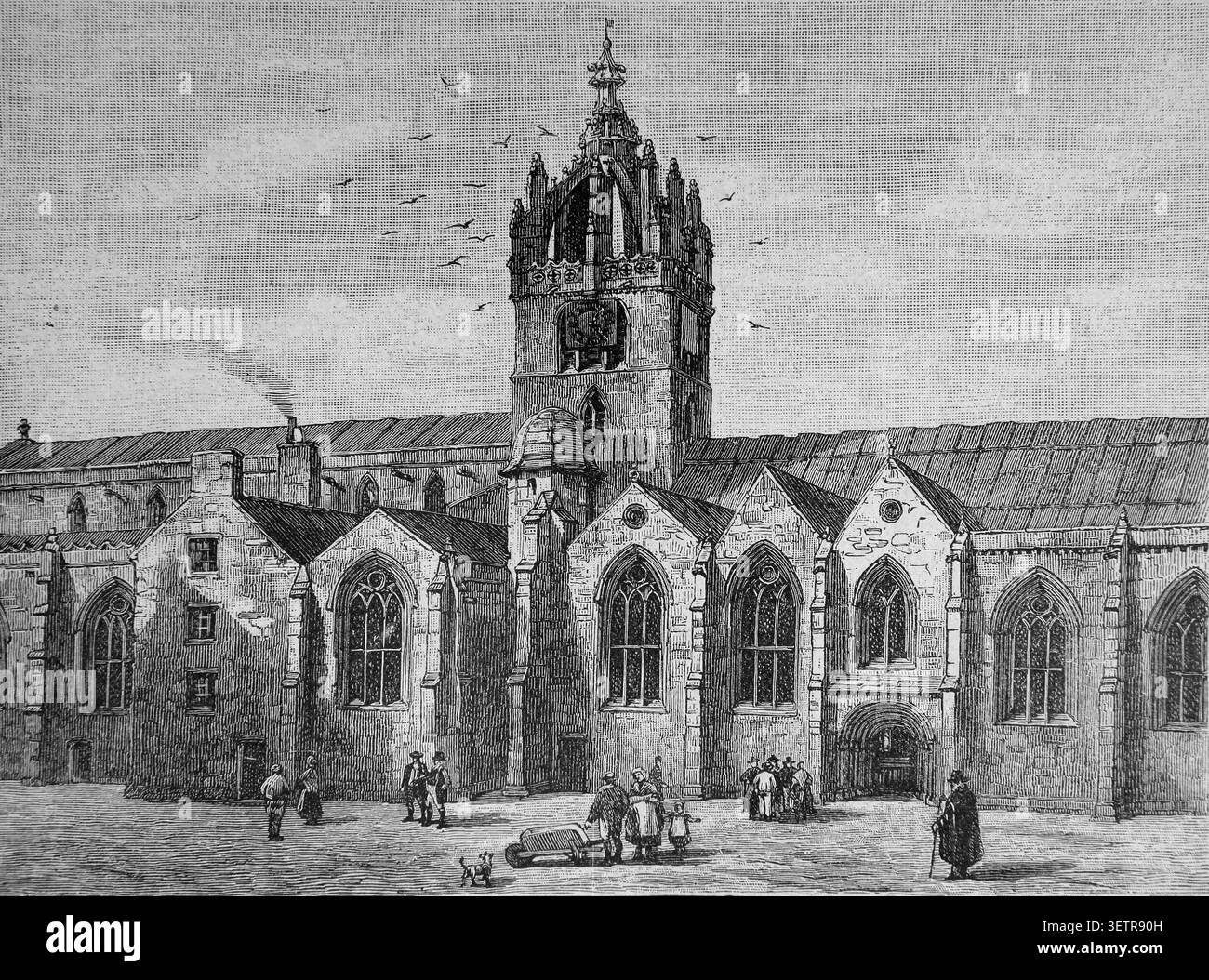 Incisione della chiesa di St Giles nel XVII secolo, dove si dice che le persone abbiano firmato il Patto Nazionale nel 1638, tratta da un libro di storia del XIX secolo Ca Foto Stock