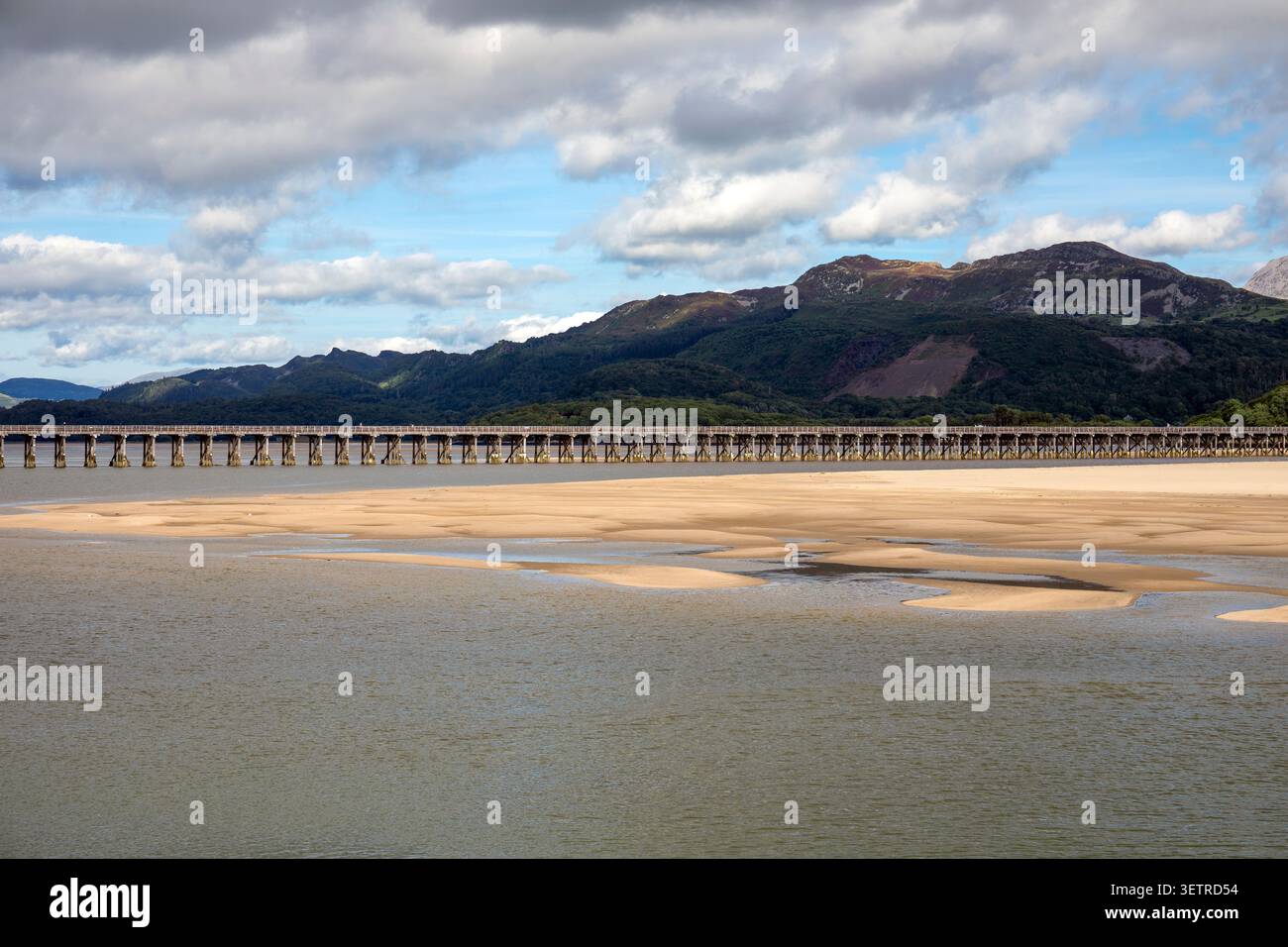 Regno Unito, Galles, Gwynedd, Fairbourne, Barmouth Bridge che porta la ferrovia attraverso l'estuario del fiume Mawddach Foto Stock