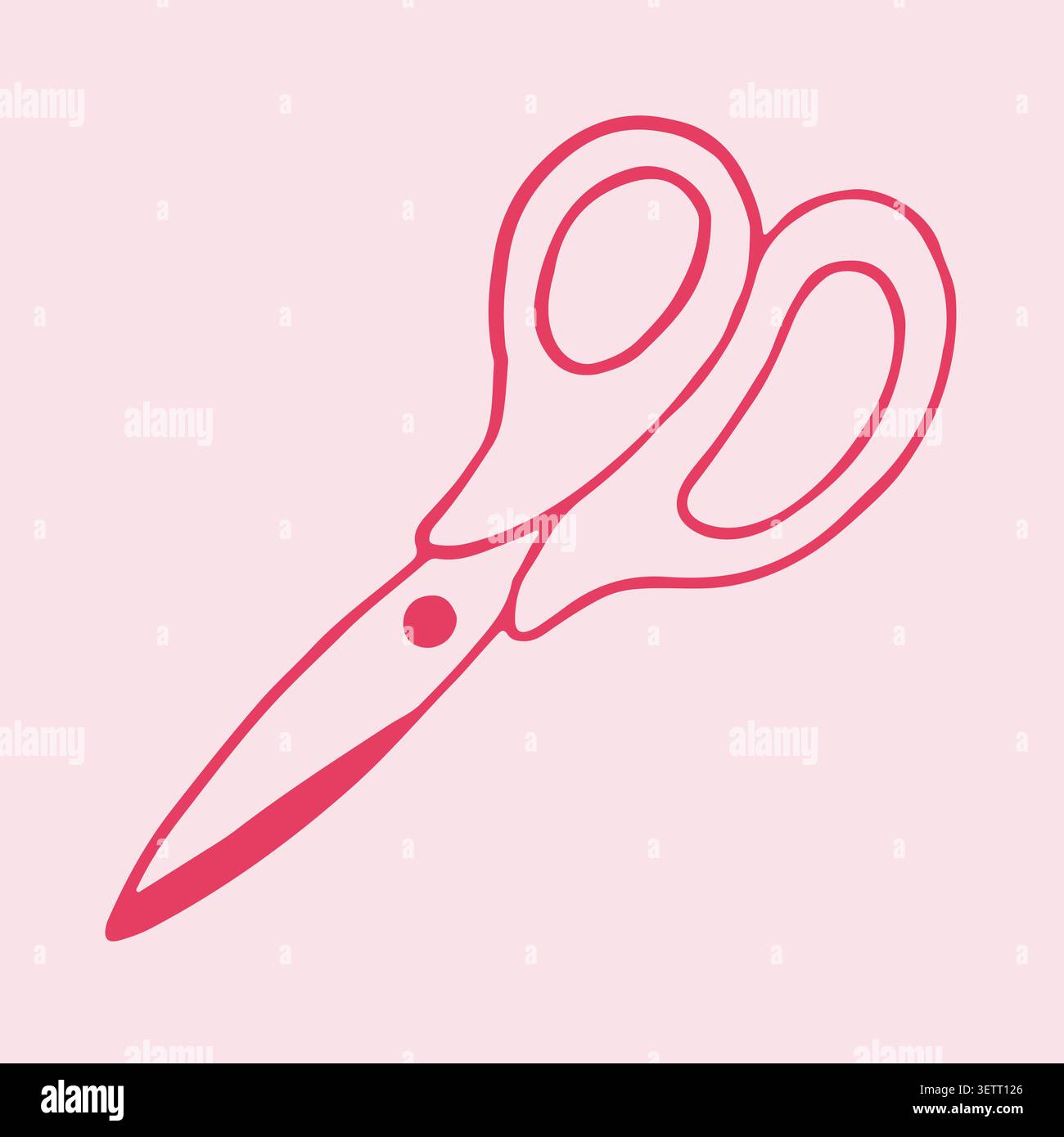 Illustrazione vettoriale disegnata a mano di forbici da ufficio rosa. Carino strumento di cancelleria per l'artigianato e la carta. Accessorio estetico per la scuola in stile doodle Illustrazione Vettoriale