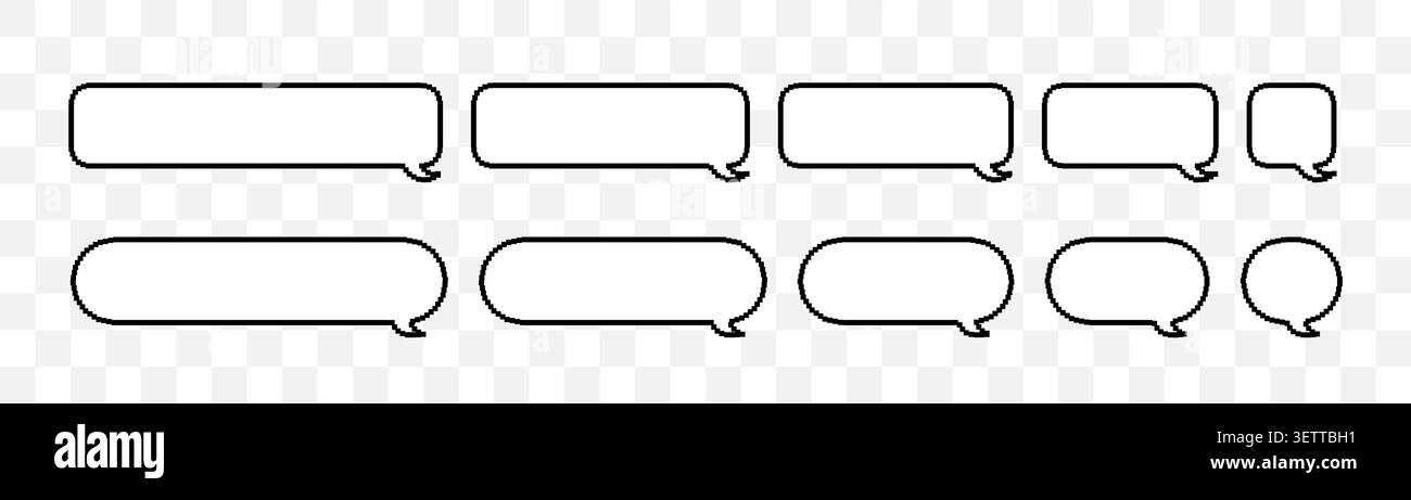 Grafica pixel retrò. Set di caselle di testo e palloncini di chat in stile di gioco. Cornice circolare vettoriale per bolla di messaggio diversa su sfondo trasparente Illustrazione Vettoriale