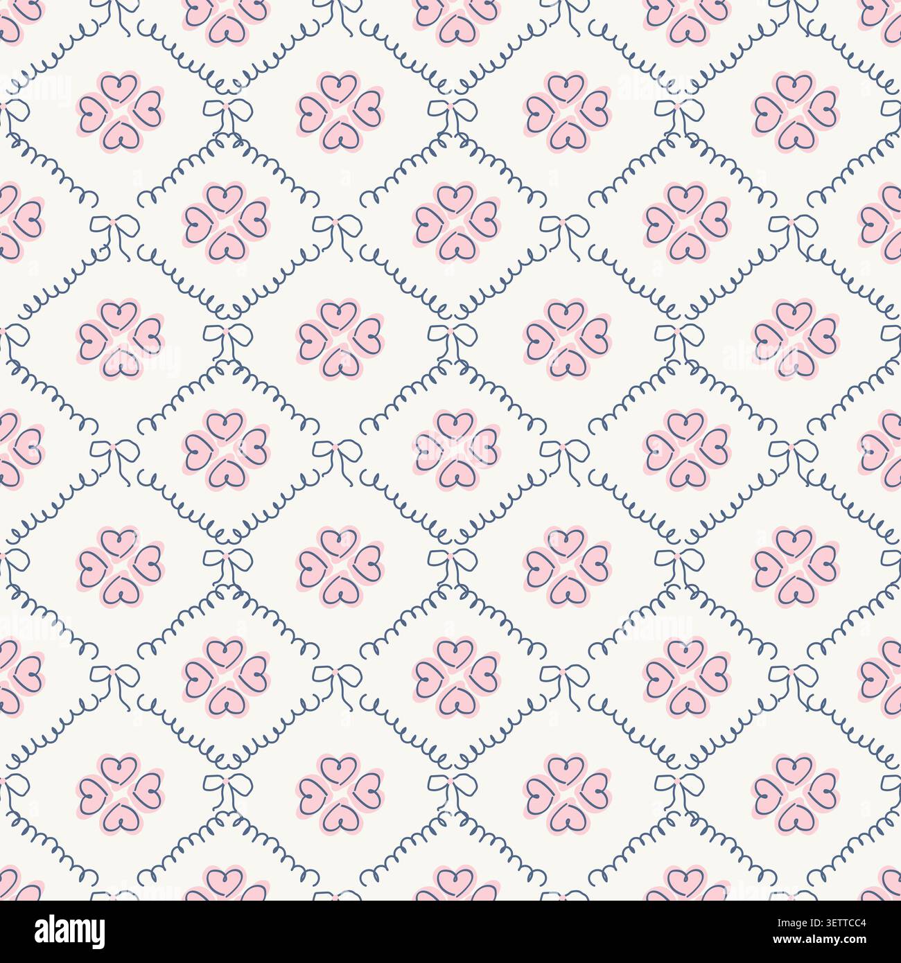 Grazioso motivo fiore rosa senza cuciture con reticolo a nastro diamantato. Illustrazione Vettoriale floreale vintage per tessuti, tessuti, carta da parati, involucri. Illustrazione Vettoriale