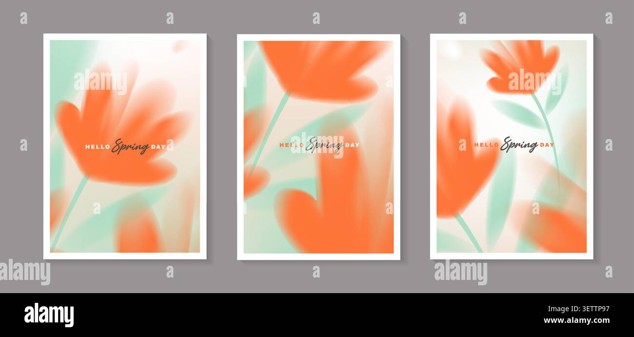 Serie di manifesti vettoriali primaverili con fiori di arancio sfocati astratti. Collezione di copertine floreali color acquerello pastello per biglietti d'auguri. Illustrazione Vettoriale