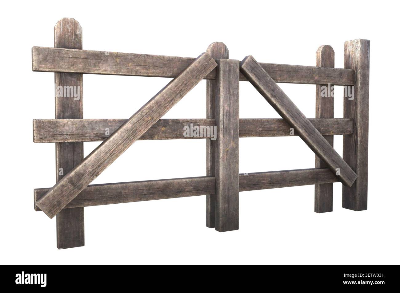 Cancello in legno con rendering in 3D con struttura rustica e venatura in legno naturale. Perfetto per progetti di fattoria, giardino o design vintage. Recinzione in legno o br Foto Stock