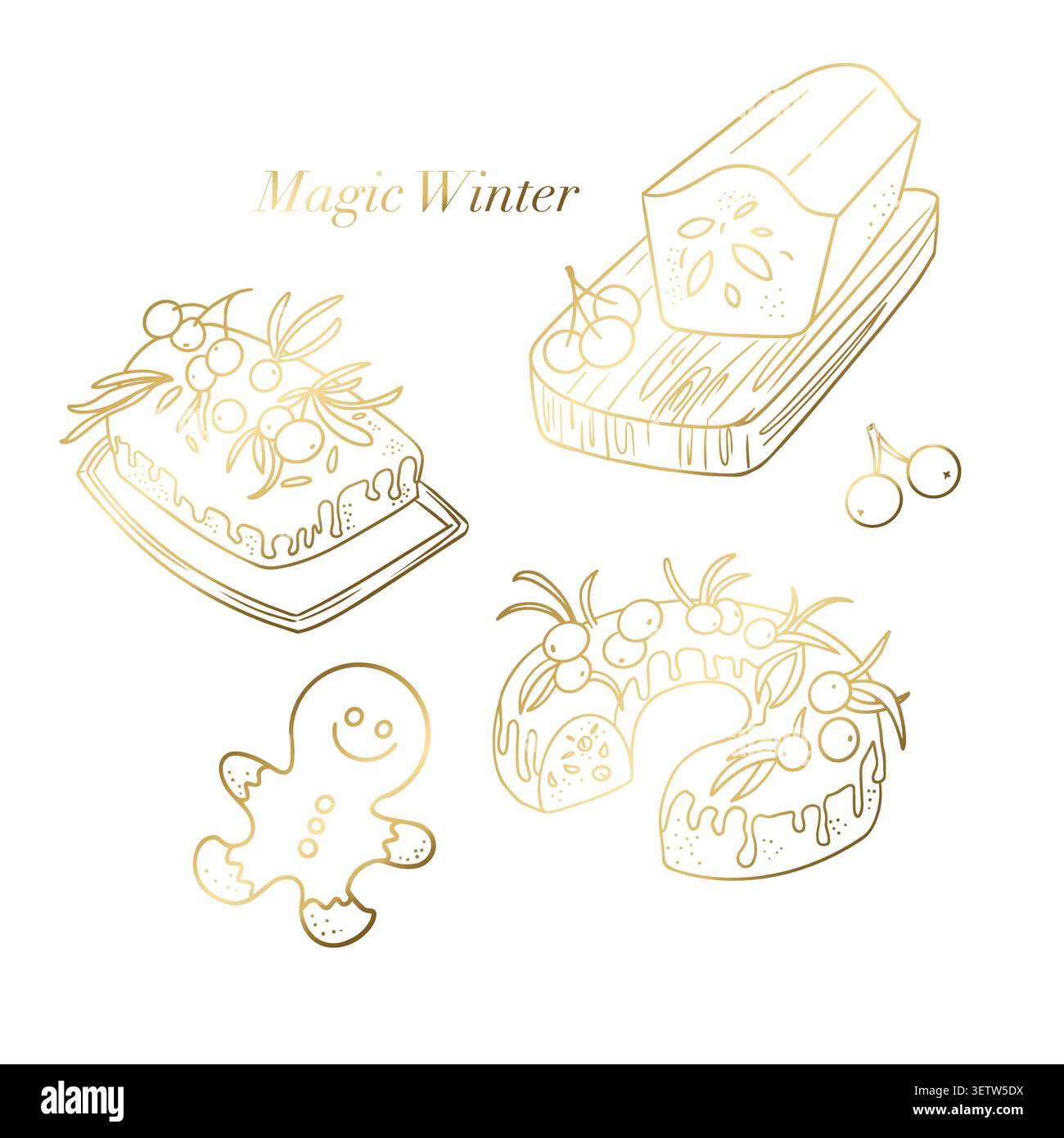 Elementi vettoriali dorati con testo Magic Winter isolato su sfondo bianco. Elegante illustrazione a linee natalizie disegnata a mano Illustrazione Vettoriale
