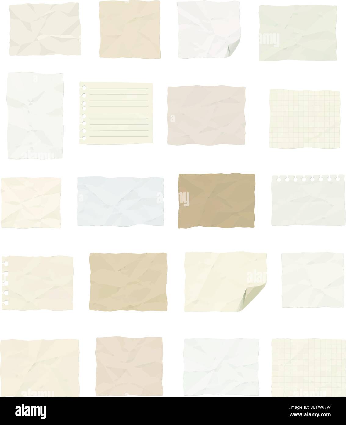 Set di frammenti di banconote, pagine di appunti, fogli strappati e carta per appunti con trama. Illustrazione Vettoriale