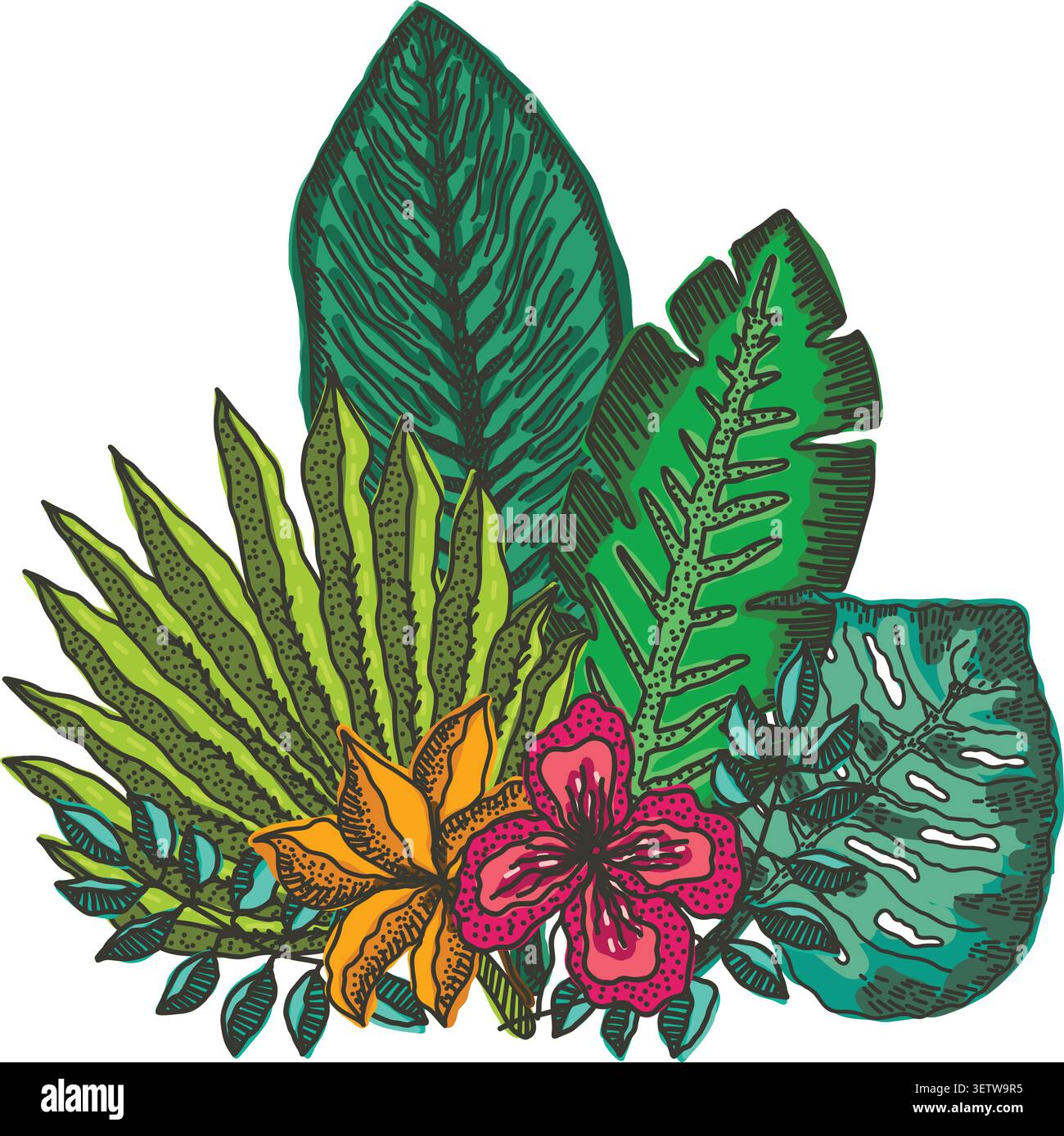 Composizione di foglie e fiori tropicali brillanti Illustrazione Vettoriale