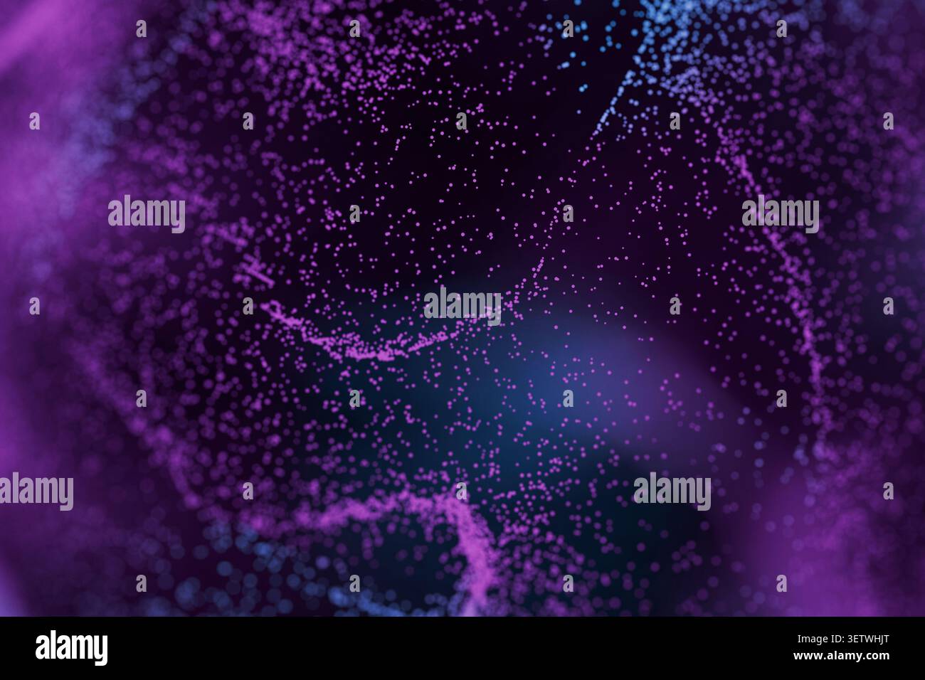 Sfondo astratto con particelle digitali luminose viola e blu che formano forme d'onda. Ideale per high-tech, intelligenza artificiale e visualizzazione di big data Foto Stock