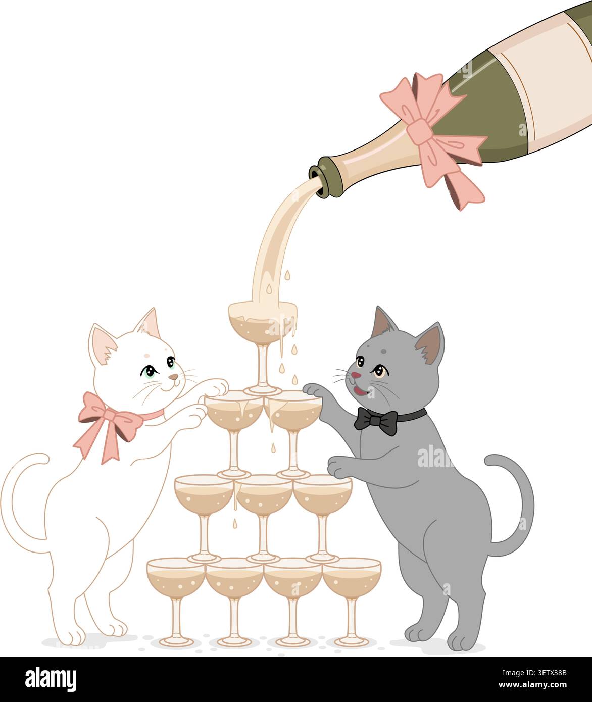 Immagine vettoriale in stile accogliente di un grazioso gatto bianco e un gatto grigio che festeggia insieme a una lussuosa piramide a torre di champagne a una festa. Illustrazione Vettoriale