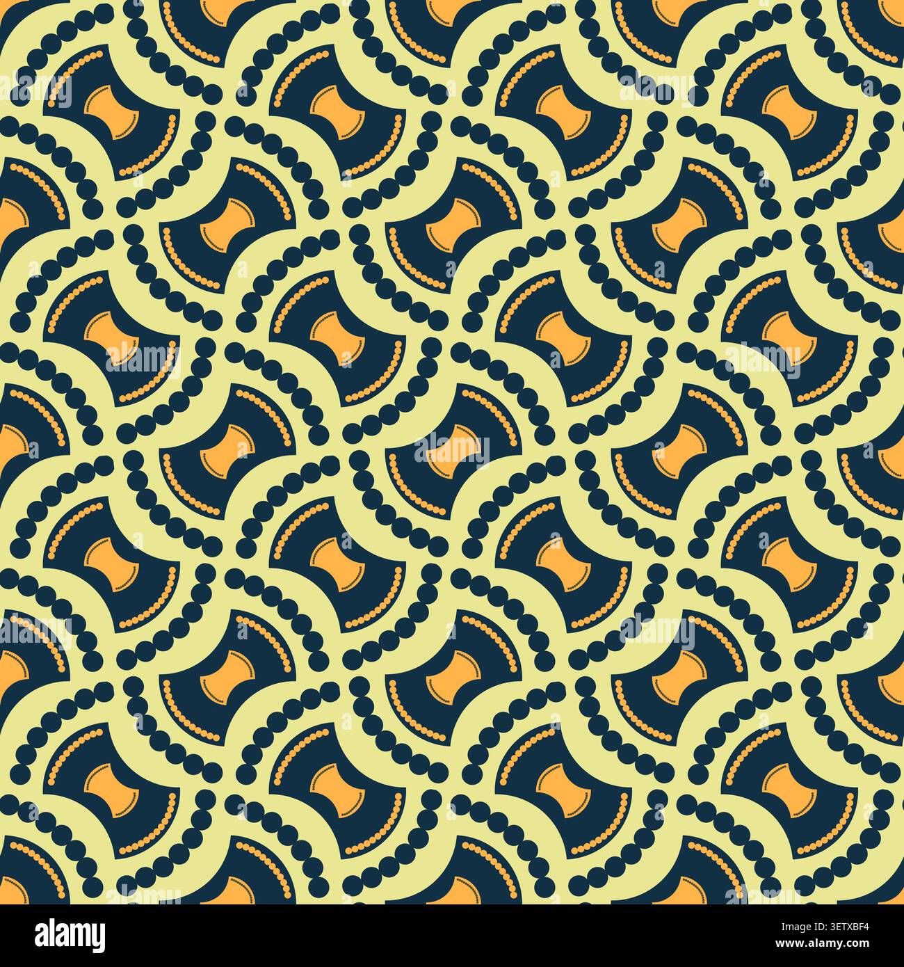 Motivo geometrico senza cuciture retrò della metà del secolo con motivi a clessidra blu navy e puntini in rilievo. Foto Stock