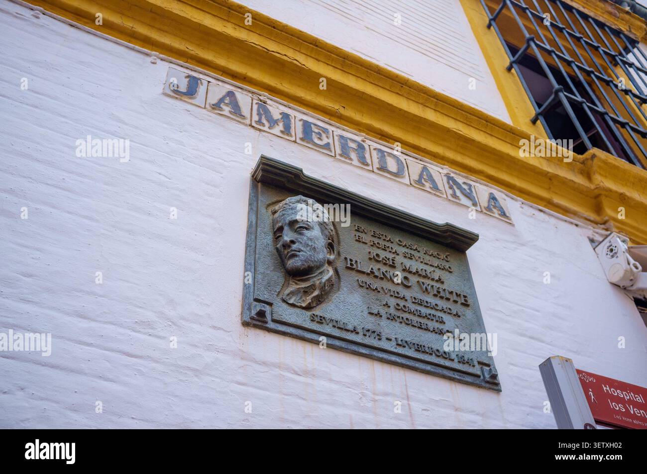 Targa commemorativa di Hispano-Irish Liverpudliano Blanco White a Sevilla, Spagna. Segnare il suo luogo di nascita, scrittore liberale spagnolo, poeta e teologo Foto Stock